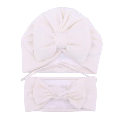 Jomila Bundle of Bonnet and Headband for Baby Newborn Silk Satin Lined Beanie Toddler Infant Girls Adjustable Hat 0-6 Months
