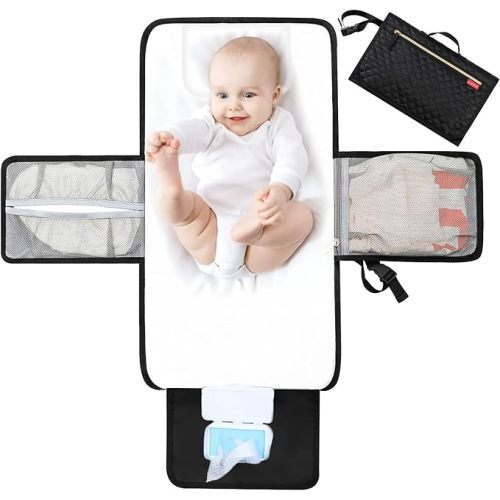 Lekebobor Portable Baby Changing Pad, Foldable Waterproof Diaper Changing Pad for Travel Baby Change Mat with Wipe-Pocket and Head Cushion, Quilting Black