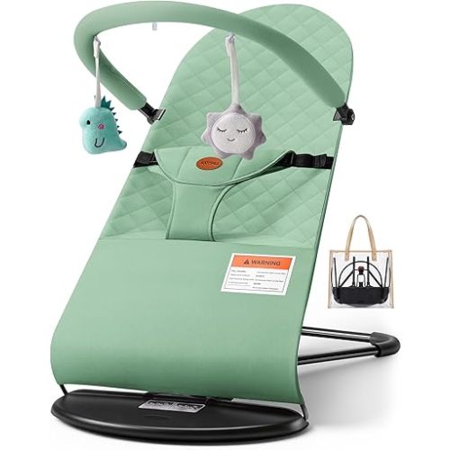 Baby Bouncer Portable Baby Bouncer Seat 3-Position Recline Infant Bouncy Seat for Babies 0-18 Months Ergonomic Bouncy Chair with Hanging Toys Bio-Inspired Fabric Rocker & Stationary Modes Light Green