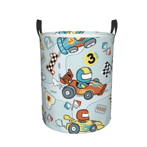 Rateoe Cartoon Car Racing Pattern Round Laundry Hamper Basket, Tall Hamper Basket for Blanket Storage, Nursery Clothes Hamper for Laundry in Bedroom and College Dorm-Medium