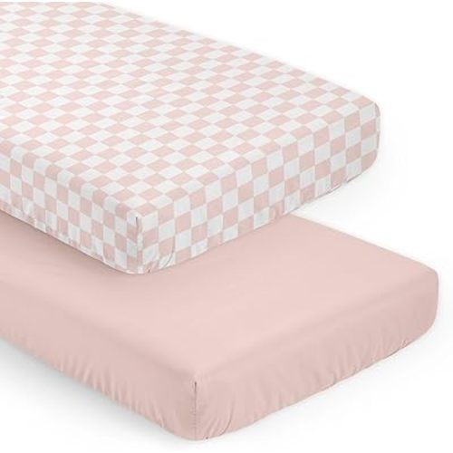 Sweet Jojo Designs 2-Piece Baby Crib Sheets Set (Pink Gingham Checkered Plaid) for Girls, Infant Nursery, Toddler Room - Fitted, Standard Size (Solid Blush and Vintage, Classic, Checkerboard, Retro)