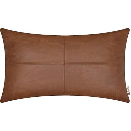 BRAWARM Faux Leather Throw Pillow Covers 12 X 20 Inches, Brown Leather Pillow Cover, Hand Stitched Leather Decorative Lumbar Pillow Cover for Couch Sofa Bed Living Room Home Garden