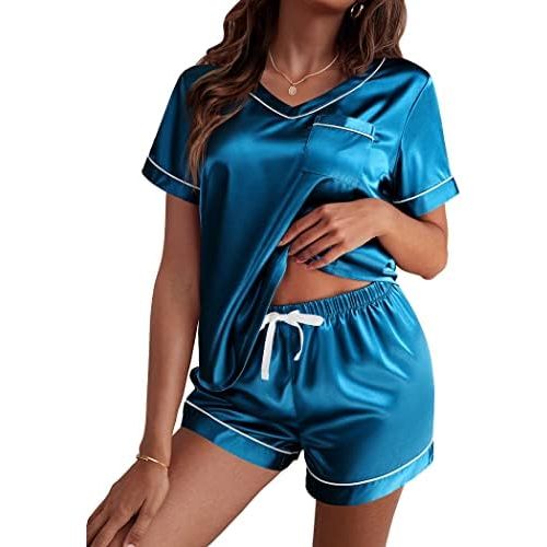 Ekouaer Silk Pajama for Women Short Sleeve Satin Pj Set Two Piece Soft Sleepwear Loungewear, S-XXL
