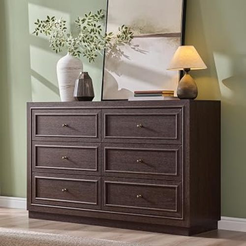 6 Drawer Dresser with Two Included Base Styles, Walnut