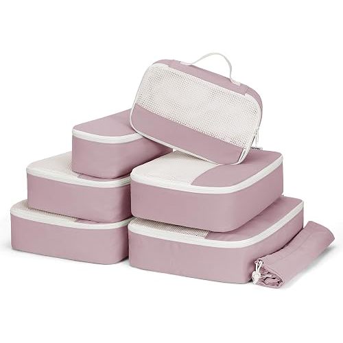 Narwey 7 Set Packing Cubes for Travel Carry on Suitcase Luggage Organizer Bags for Kids Women Men, Durable Packing Organizers Bag, Travel Essentials Accessories (Dusty Pink)