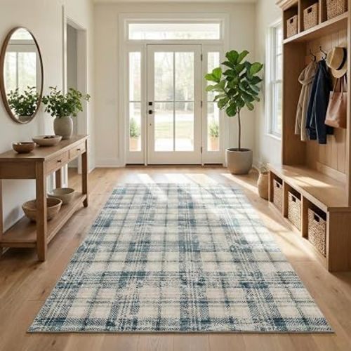 Washable Rug 4x6 Plaid Rugs for Bedroom Vintage Non-Shedding Neutral Floor Mat Indoor Soft Non Slip Carpet Low Pile Foldable Thin Rugs for Living Room Dining Nursery Office Blue