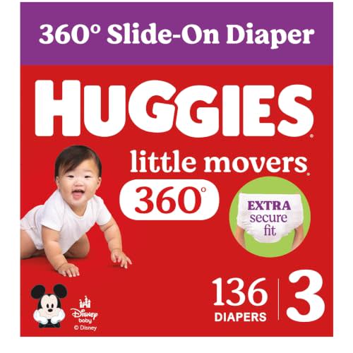 Huggies Little Movers HuggFit 360 Diapers Size 3, 136 Count | Pull On Diapers, Double Grip Strips, Secure Flexible Fit, Up to 12-Hour Protection, Dry Touch Liner, Wetness Indicator