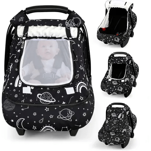 Winter Car Seat Cover Baby with Sunshade & Dual Zipper Windows - Minky Bubble Lined Windproof Soft Shell, Warm Newborn Car Seat Canopy Covers, Elastic Bottom for Stroller & Infant Car Seat, Space