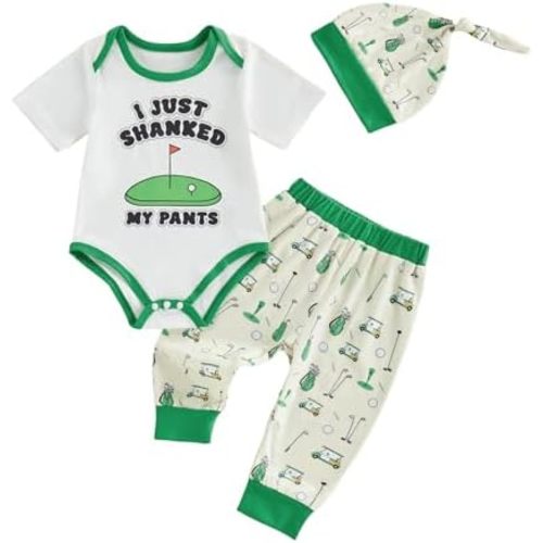 Lamuusaa Newborn Baby Boy Golf Outfit Short Sleeve Letter Print Romper Golf Car Long Pants Hat Summer Clothes 0-18M
