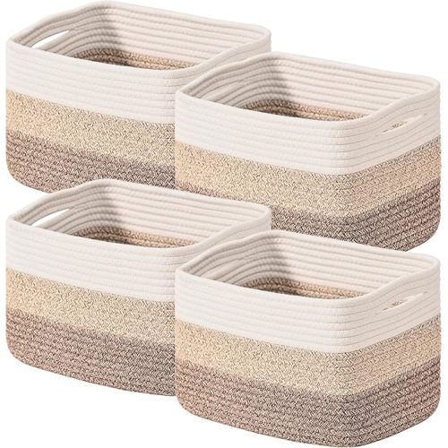 Shelf Baskets for Organizing, Storage Baskets for Shelves, Woven Baskets for Storage, Cotton Rope Baskets with Handles for Toy, Book, Clothes, 12.5"Lx9.1W"x7.9H", (4 Packs) Gradient Brown