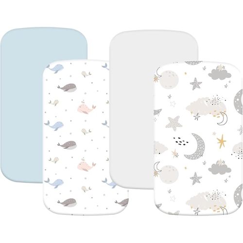 4 Pack Bassinet Sheets (19" x 33"), Compatible with Baby Delight, BabyBond, Dream On Me and Most Rectangle Bedside Sleeper Bassinet Mattress, Soft and Skin-Friendly, Blue Dolphin & Cloud