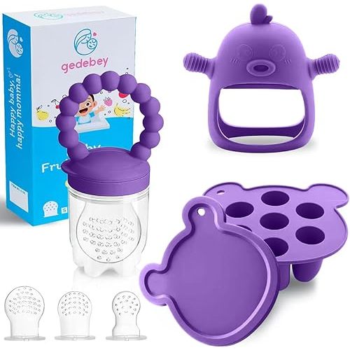 Baby Fruit Food Feeder Breastmilk Popsicle Molds for Teething Relief - 3 Pack Feeding Sets - 1 Freezer Tray with Lid & 1 Teether Toy & 1 Silicone Pacifier + 3 Extra Sizes Infant Feed Mesh (Purple)