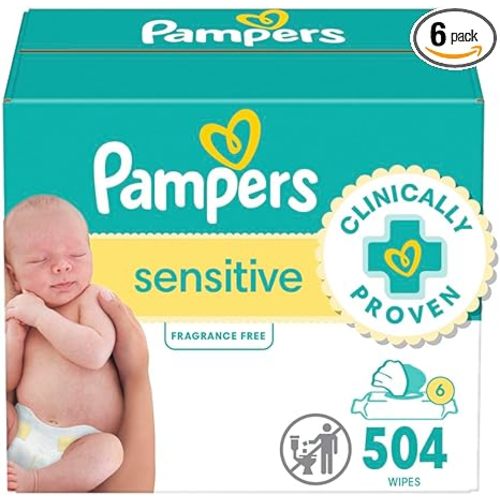 Pampers Baby Wipes Sensitive, Water Based Hypoallergenic and Unscented 504 Total (6 Flip-Top Packs)