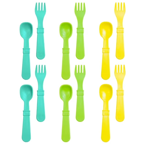 Re-Play Toddler Forks and Spoons Set - 6x6 Toddler Utensils Set - Dishwasher and Microwave Safe - Made in USA - Set of 12 - Sunwaves