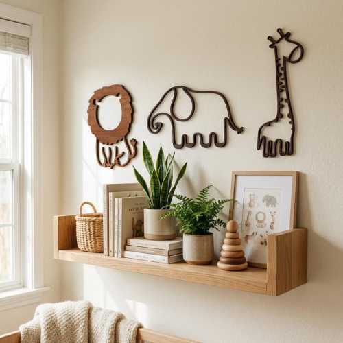 Safari Nursery Wall Decor Set, Wooden Lion Elephant Giraffe Wall Art, Baby Room Decor, Minimalist Kids Room, Jungle Animals