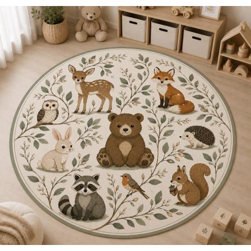 Woodland Animals Round Rug, Forest Nursery Decor, Neutral Nursery Rug, Montessori Playroom Carpet, Fox Bear Bunny Kids Room Decor
