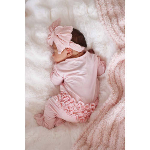 Baby Pink Bamboo Ruffle Zipper Footie