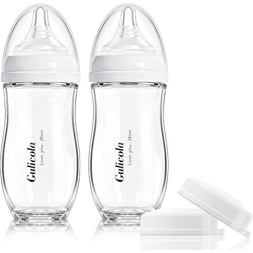 Gulicola Natural Glass Baby Bottle for Breastfed Babies, Anti-Colic Baby Bottle Set with Medium Flow Nipple, 3 Months +, 8 oz, 2 Pack - White