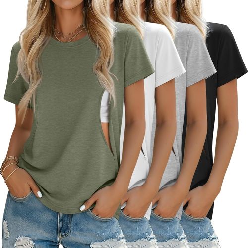 4 Pack Women's Nursing Breastfeeding Shirts with Zipper Loose Fit Short Sleeve Maternity Top Nursing Clothes