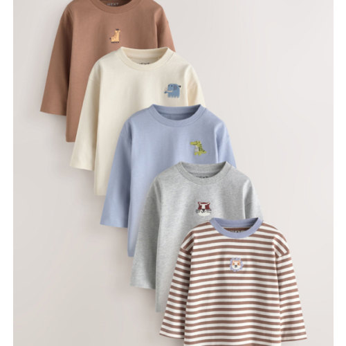 Buy Brown/Cream Animal Embroidery Long Sleeve T-Shirts 5 Pack (3mths-7yrs) from Next USA