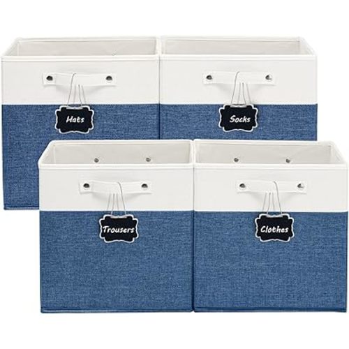 13x13x13 Inches Fabric Storage Bin with Handles, Cube Storage Bins, Storage Baskets for Organizing Shelf Home Closet,4 Pack (White and Blue)