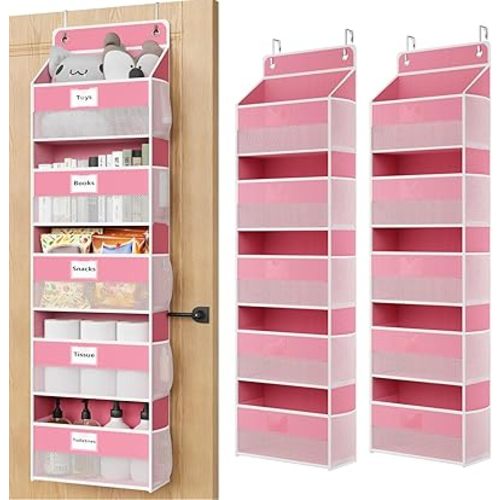 Optish Over The Door Organizer Hanging, 2 Pack 5 Shelf Behind The Doors Storage, Pantry Door Organizer, Closet Organizers for Bedroom and Nursery (Pink)