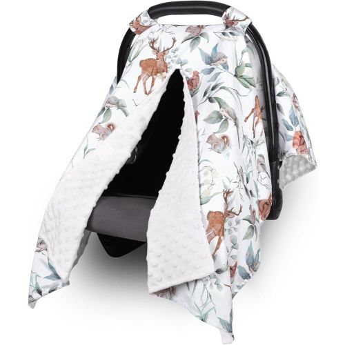TANOFAR Baby Carseat Canopy, Peekaboo Opening Car Seat Canopy for Babies, Soft and Breathable Infant Carrier Canopy, Multi-use Baby Carrier, Stroller, Nursing Cover, Minky Blanket, Animal Leaf