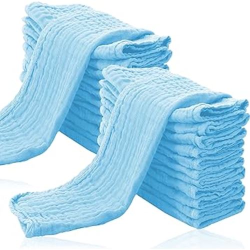 24 Pack Muslin Burp Cloths for Baby - Ultra-Soft 100% Cotton Baby Washcloths - Large 20'' by 10'' Super Absorbent Milk Spit Up Rags - Burpy Cloths for Unisex, Boy, Girl - Aquamarine