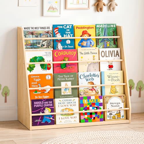 XiaZ Scalloped Kids Bookshelf, 4-Tier Wooden Montessori Display for Toddler | Solid Pine Wood, Stable Trapezoid Base, Rounded Corners, Front Display, Compact, Holds 60-80 Books, Easy 20-min Assembly