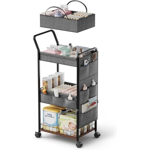 BBLIKE 3-Tier Diaper Caddy Organizer - Rolling Utility Baby Cart with Basket and Side Pockets for Nursery and Baby Essentials, Multi-Function Cart for Bedroom and Bathroom,Gray