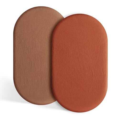 TILLYOU Muslin Bassinet Sheets Girls Boys, 100% Cotton Bassinet Sheets, Fit Oval, Rectangle and Square Mattress, 2 Pack，Caramel&Brown