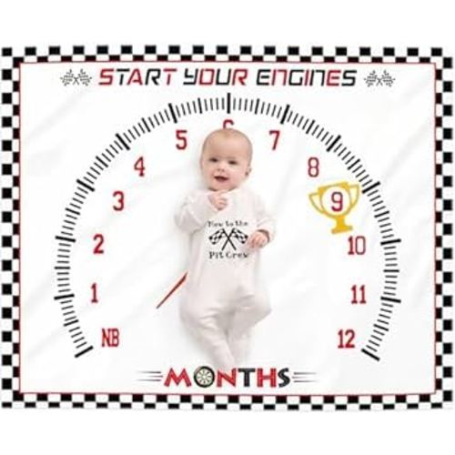 Racing Car Baby Monthly Milestone Blanket for Boy Little Monthly Growth Chart Sports Nursery Blanket 1 to 12 Months Photography Backdrop Prop for Newborn Baby Boy Soft Plush Fleece