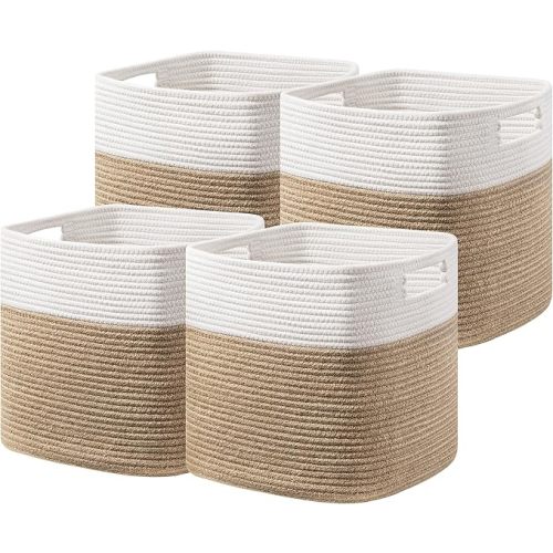 UBBCARE Set of 4 Storage Basket-13 X 13 X 13 in, Cotton Rope Basket for Shelves, Toys, Book, Cube Storage Bins with Handles, Woven Storage Basket for Organizing, White & Jute