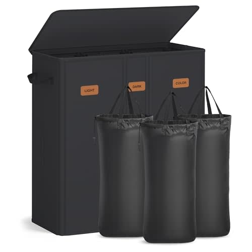 SONGMICS 42.2 Gallon (160 L) Laundry Hamper, 3-Compartment Laundry Basket Sorter with Lid, Labels, Removable Liner Bags, for Bedroom, Ink Black URLH013B01
