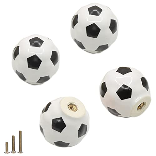 ESreake Heavy Ceramic Soccer knobs Football Knobs, 4 Packs Ball Sports Party Theme Children and Baby Home Decor Drawer Knobs Pulls Handles for Dresser Cupboard Wardrobe Cabinet Kitchen (4, Soccer-w)