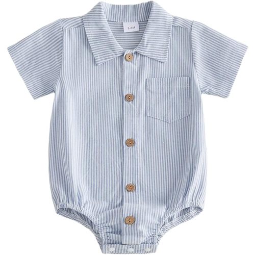 Sasaerucure Newborn Baby Boy Clothes Turndown Collar Striped Long/Short Sleeve Romper Button Up Jumpsuit Shirt Bodysuit
