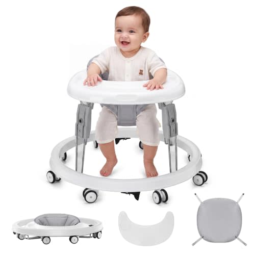 Baby Walker with Wheels, One-Touch Folding, Height Adjustment Baby Walkers | Large Dinner Plate, Brake, Walker for Baby Boy Girls 6-18 Months, Gray
