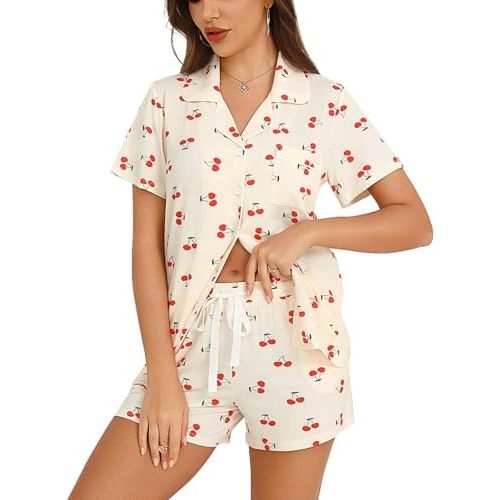 Anjue Womens Pajamas Set Short Sleeve Sleepwear Button Down Nightwear Shorts Soft Pj Sets S-XXL