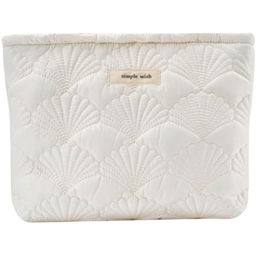 uekeboag White Quilted Cotton Makeup Pouch,Coquette Quilted Toiletry Bag for Women and Girls, Floral Coquette Organizer Bag, Aesthetic Travel Cosmetic Bags(03White Shells)