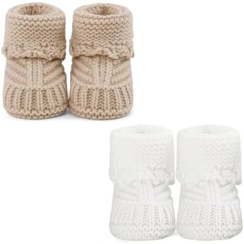 Newborn Knit Booties Soft Baby Sock Boots for Infant Boys Girls First Walkers 2 Pairs, 0-3 Months