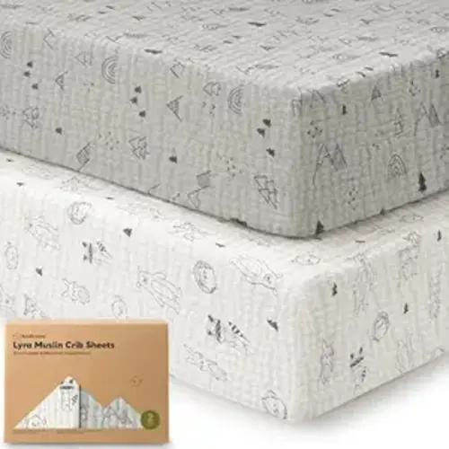 KeaBabies 2-Pack Muslin Crib Sheets for Boys, Girls – Organic Cotton Baby Crib Sheet Fitted, Soft Breathable Standard Toddler Bedding Set, Travel Mattress Bed Cover, Neutral, Durable 52x28 (Woodland)