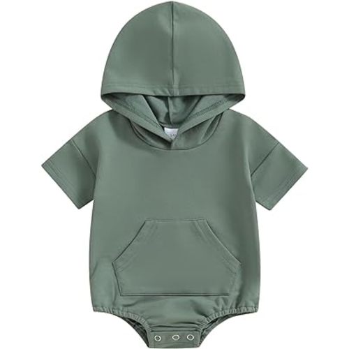 Newborn Baby Boys Girls Clothes Hooded Short Sleeve Bubble Bodysuit Pocket Snap Closure Summer Romper