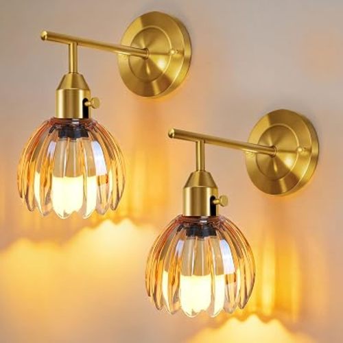 Vintage Gold Wall Sconces Set of 2 with Cute Amber Tulip Glass Lampshade, Hardwired and Wireless Wall Mounted Light Fixtures (2 Usage Methods) with Switch for Bedside Bedroom Living Room Wall Decor