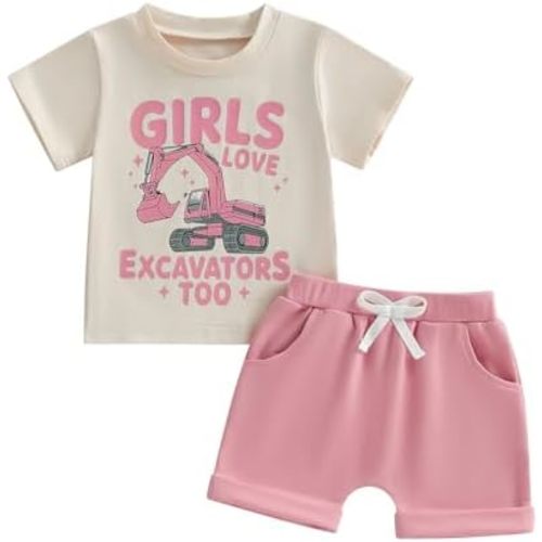 Fernvia Baby Girl Summer Clothes 3 6 12 18 24 Months Toddler Outfit Letter Tractor Short Sleeve Shirt Tops Shorts Set