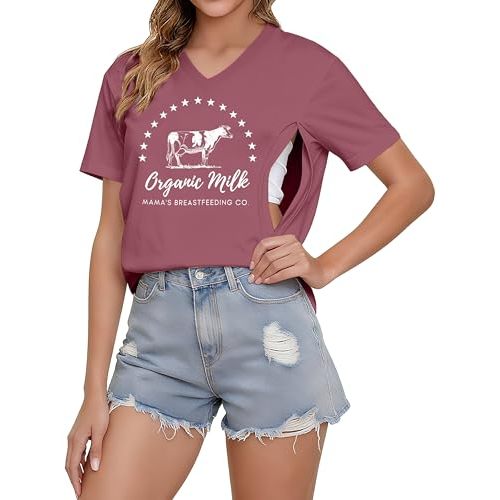 LUKYCILD Nursing Shirts for Breastfeeding Women Zipper Nursing Maternity Graphic Tee Mama Breast Feeding V Neck Tops
