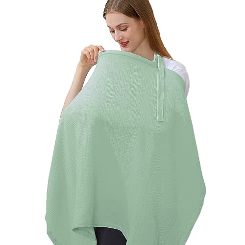100% Muslin Cotton Breastfeeding Cover, Multi-use Nursing Covers with Arch Neckline & Back Adjustable Elastic Strap, Cotton Breathable Nursing Apron (Pea Green)