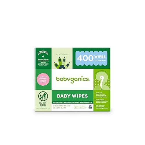 Babyganics Baby Wipes, Unscented Diaper Wipes, 400 Count, (5 Packs of 80)