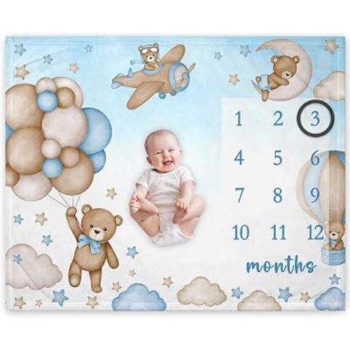 Yuzioey Bear Milestone Blanket for Boy, Blue Bear Balloons Baby Growth Chart Monthly Blanket, Watch Me Grow Boy Baby Nursery for New Moms Shower(50"x40")
