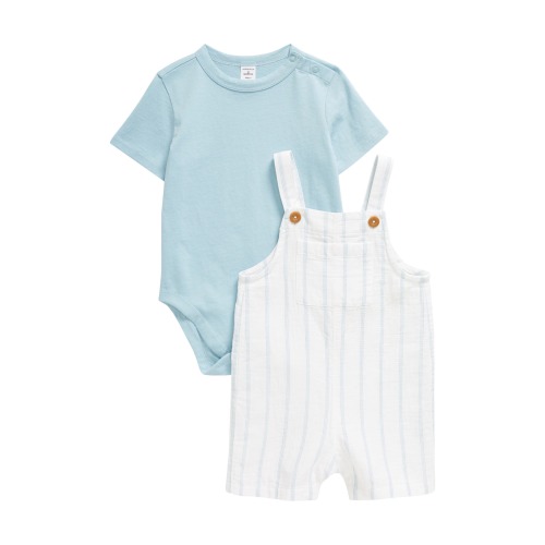 Baby Cotton Bodysuit & Shortalls Set, White- Blue Spaced Stripe