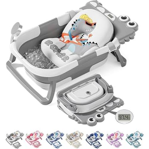 TPN Collapsible Baby Bathtub, Baby Bath Tub with Soft Cushion & Real-Time Thermometer, Baby Bathtub Infant to Toddler Tub (0-36 Months), Portable Newborn Travel Bath tub